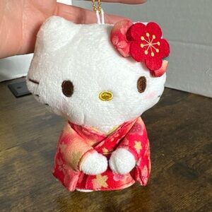Hello Kitty Red Pink Flowers Japanese Kimono Plush Mascot Keychain Japan NEW